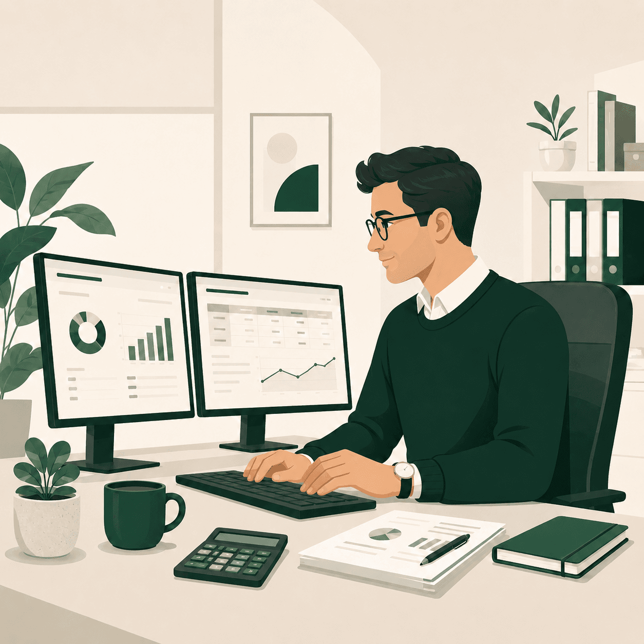 An accountant reviewing dashboards with AI-assisted analytics