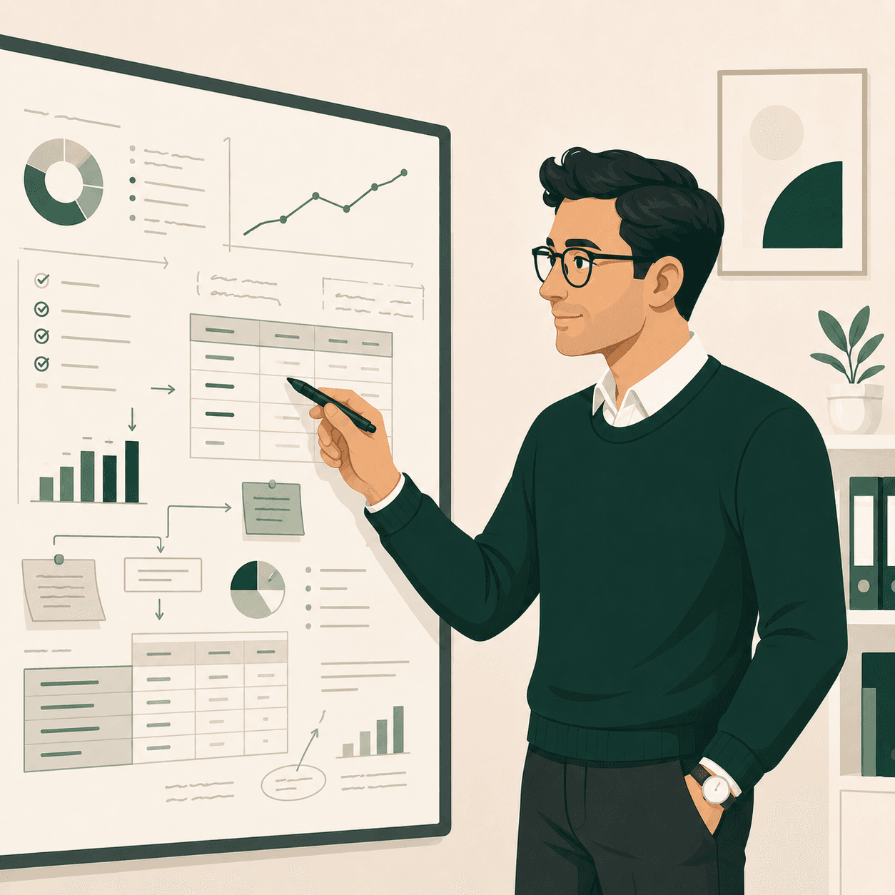 An accountant walking through a planning whiteboard
